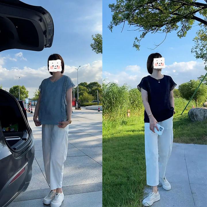 设计感时尚镂空蕾丝短袖上衣女2025夏季新款休闲白色裤子两件套装
