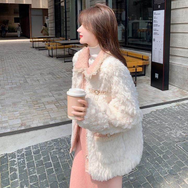 小香风羊羔毛外套女秋冬2024新款韩系温柔风显瘦加厚皮毛一体棉服