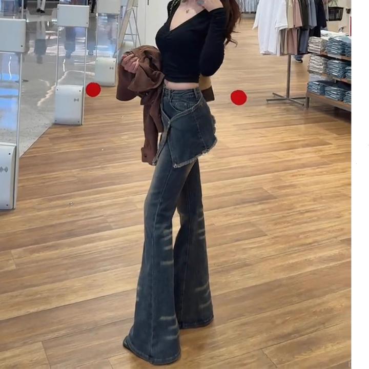 美式复古假两件设计微喇牛仔裤女秋季宽松新款高腰显瘦屁帘喇叭裤