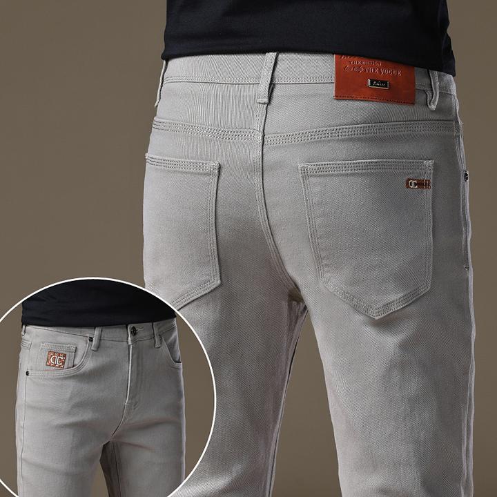 【臣吾】意大利高端刺绣三本针帝驼色牛仔裤男秋冬新款修身小脚弹力