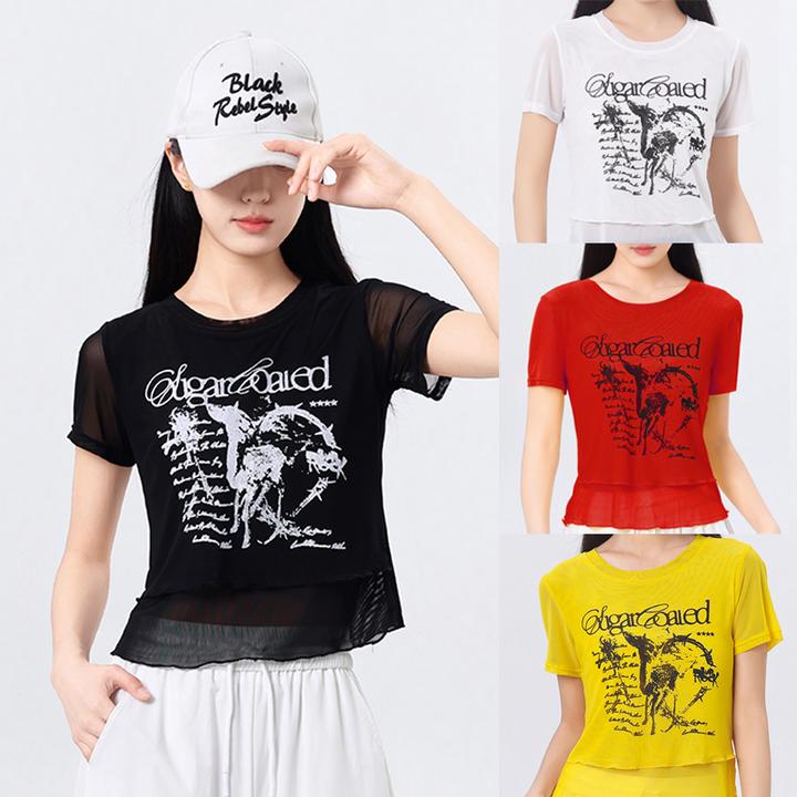 夏季新款冰感双层网纱印花短袖辣妹修身显瘦时尚百搭上衣