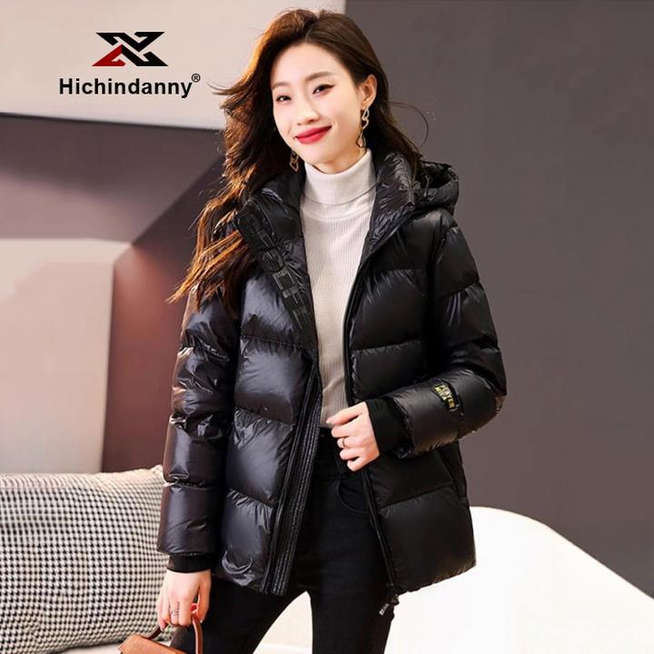 HICHIN黑金亮面鹅绒服女款加厚羽绒服冬季短款面包服极寒情侣外套