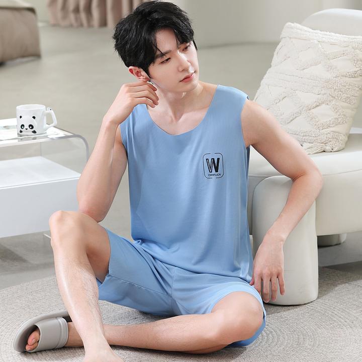 夏季男士冰丝背心睡衣套装无袖家居服加肥加大码夏天可外穿休闲