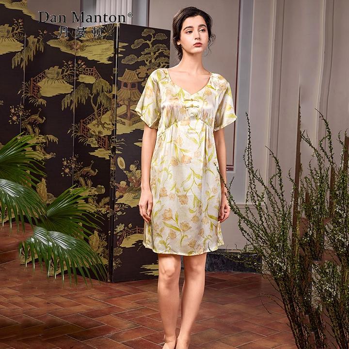 丹曼顿重磅短袖碎花睡裙女新中式中国风盘扣复古家居服桑蚕丝睡衣