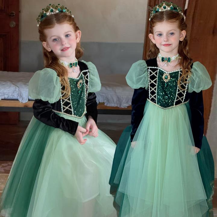 【安娜公主】原创女童女孩轻奢冰雪奇缘礼服裙秋冬泡泡袖丝绒长袖裙