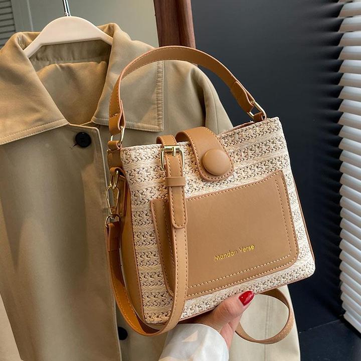 复古撞色编织手提小包包女新款草编水桶包2025新款夏季小众斜挎包