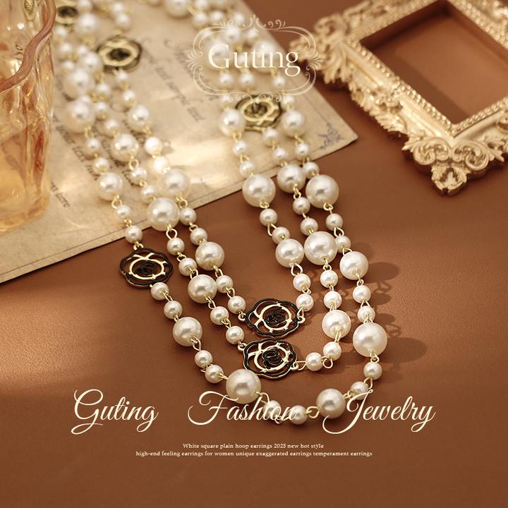 铜合金项链 6856镂空山茶花珠珠双层叠戴项链女高级感小众毛衣链