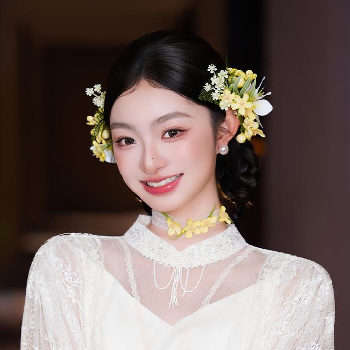 非金属布艺婚庆饰品 森系新娘唯美仙气黄色仿真花发夹配饰MC3590