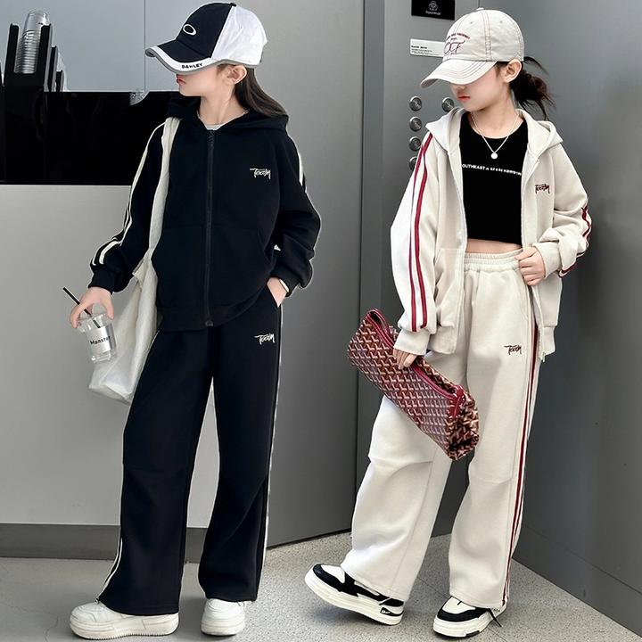 女童春秋款套装2025新款中大童女孩开衫连帽卫衣休闲裤洋气两件套