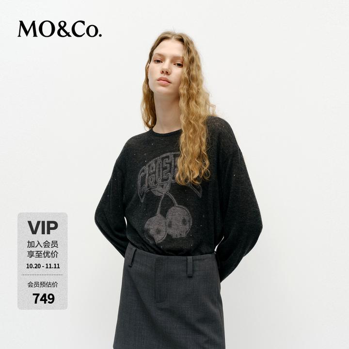 MOCO针织衫2025新品绵羊毛摇滚主义骷髅头车厘子图案MBE1SWT015