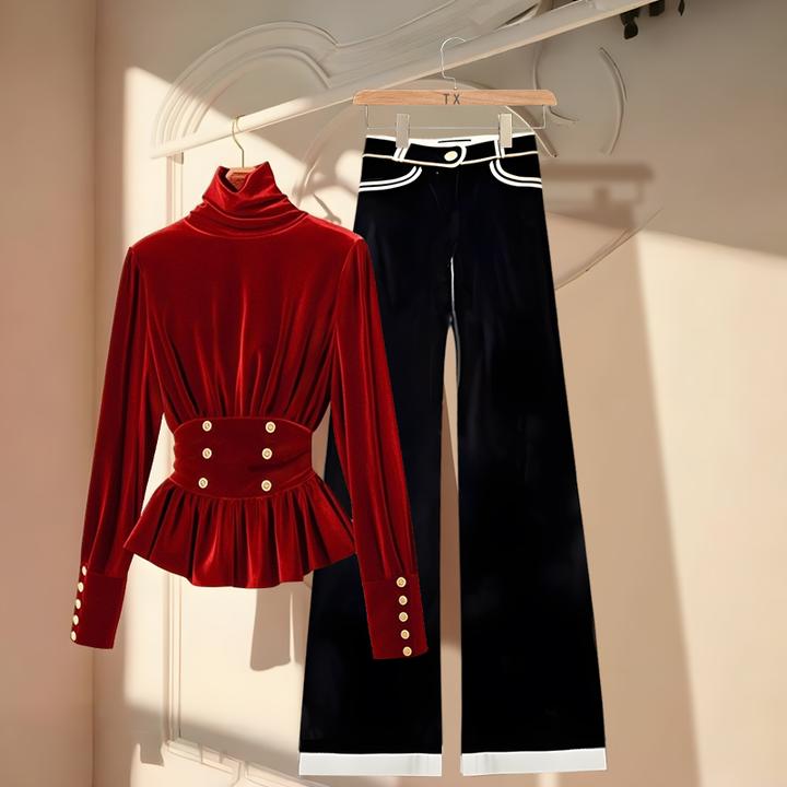 2025春季过年战衣洋气气质红色丝绒上衣高腰遮肉显瘦百搭直筒裤女