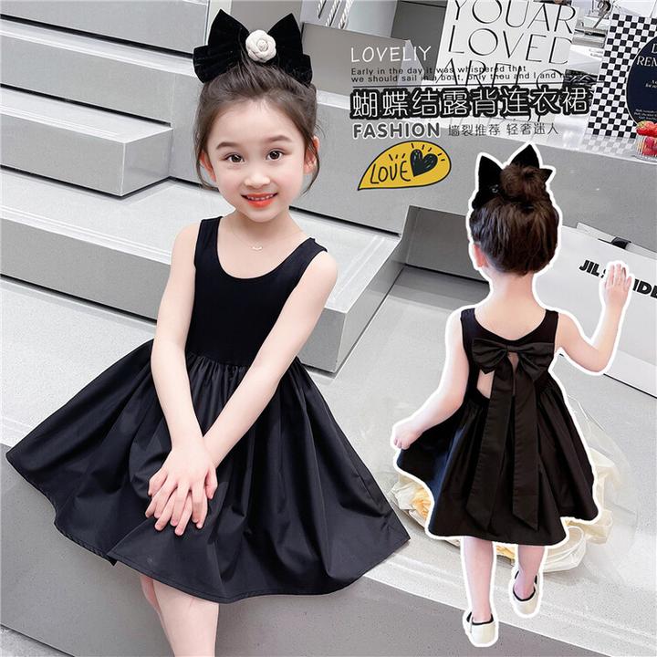童露背连衣裙夏季新款儿童洋气公主裙宝宝礼服吊带裙气质小黑裙