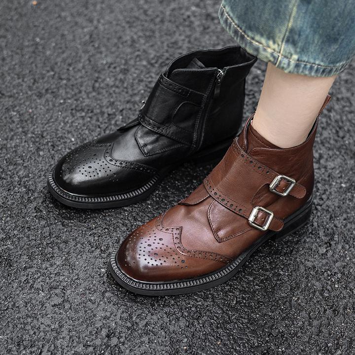 2025秋冬新款真皮复古棕色短靴女粗跟百搭英伦风布洛克切尔西靴子