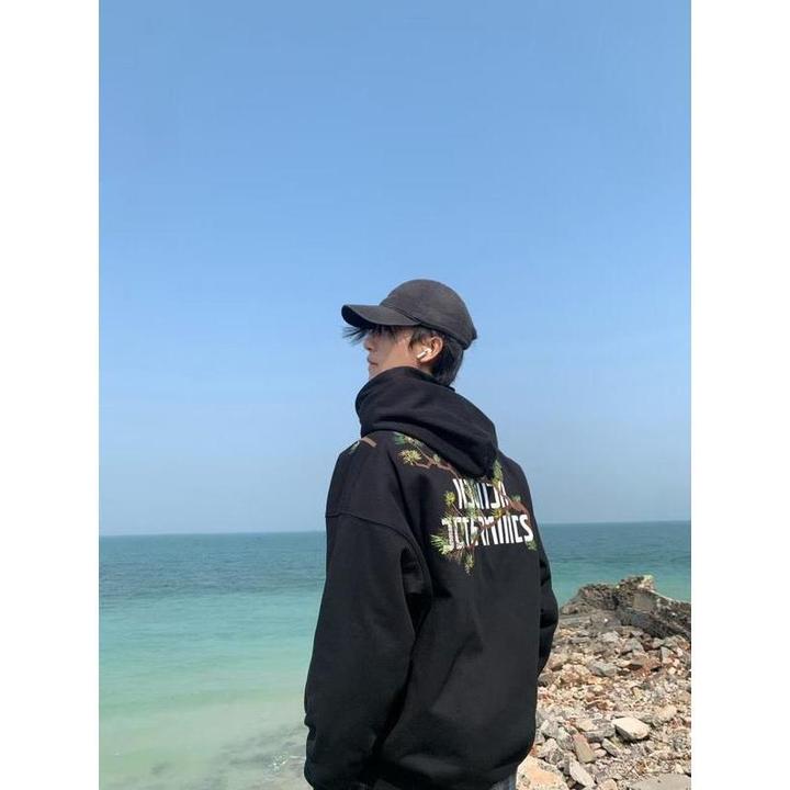 国潮复古刺绣连帽卫衣美式宽松迎客松秋冬重磅高街情侣上衣外套潮