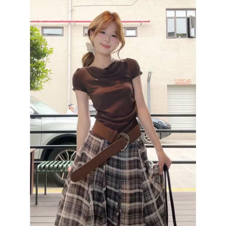 parkyeon美拉德淡人穿搭咖色荡领收腰上衣女高腰格纹半身裙套装