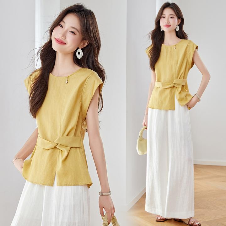 亚麻法式无袖休闲套装女2025夏季松弛感气质通勤显瘦阔腿裤两件套