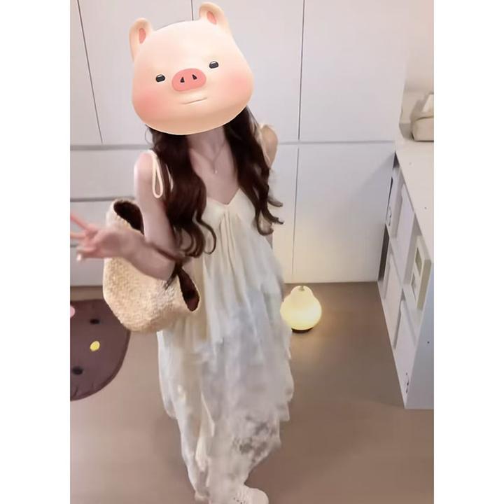 【B Y】甜美风韩版洋气温柔无袖打底宽松性感拼接蕾丝吊带连衣裙女