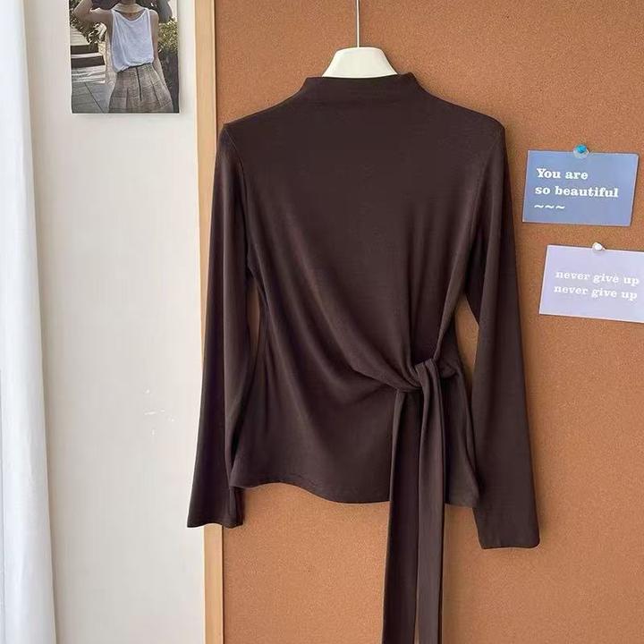 极简半高领系带收腰长袖打底衫恤！女秋冬洋气质减龄显瘦百搭上衣