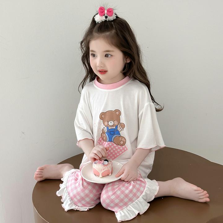 女童睡衣夏季2025新款冰丝莫代尔女宝洋气女孩儿童格子家居服套装