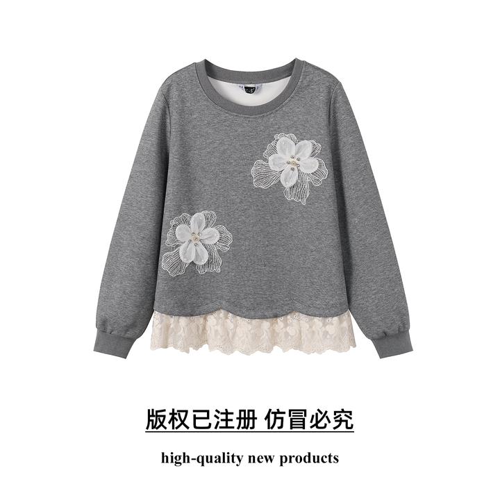 奢姿大码女装2025秋胖妹妹时尚减龄蕾丝拼接设计花朵装饰上衣