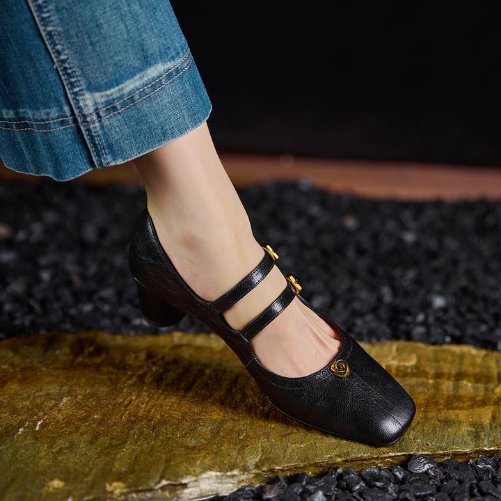 小个子手工女鞋4.5cm~一字式扣带时尚浅口粗跟单鞋女法式玛丽珍鞋