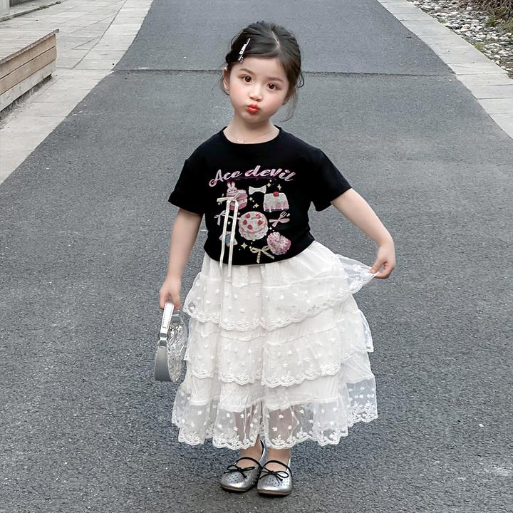 女童蛋糕裙套装2025新款儿童夏装韩版洋气短袖女孩夏季长裙两件套