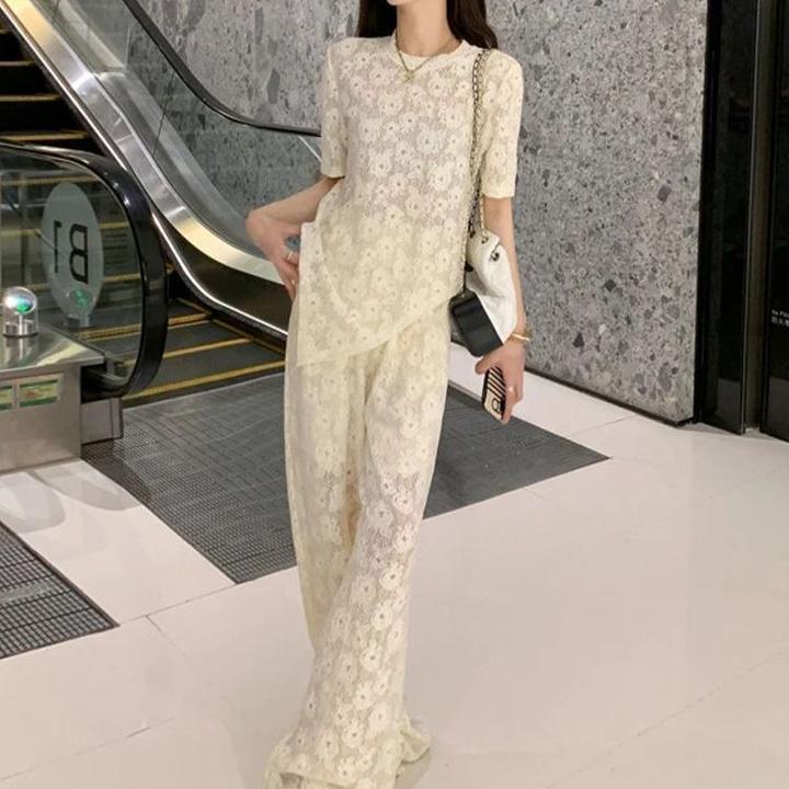 韩系减龄高级感运动套装女夏蕾丝镂空阔腿裤两件 显瘦百搭