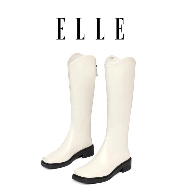 ELLE白色真皮长筒靴女2025新款方头小个子内增高显瘦高筒骑士长靴