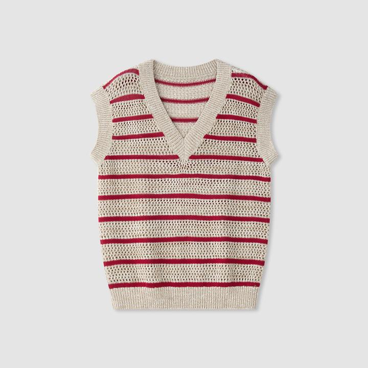 【冬姐自主品牌】VOR 条纹V领镂空针织衫亚麻蝙蝠衫 V25300008