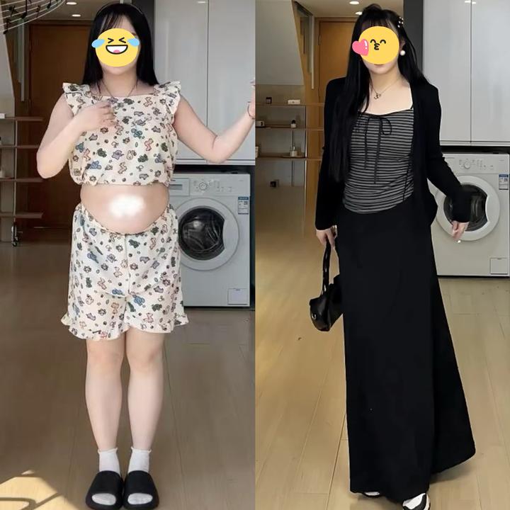 大码女装休闲套装秋季微胖条纹吊带背心胖MM显瘦高腰半身裙三件套