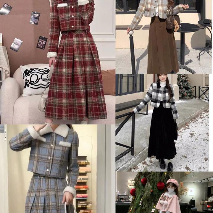 秋冬季新款复古格纹长袖拼接短外套+高腰长款遮肉半身裙套装裙
