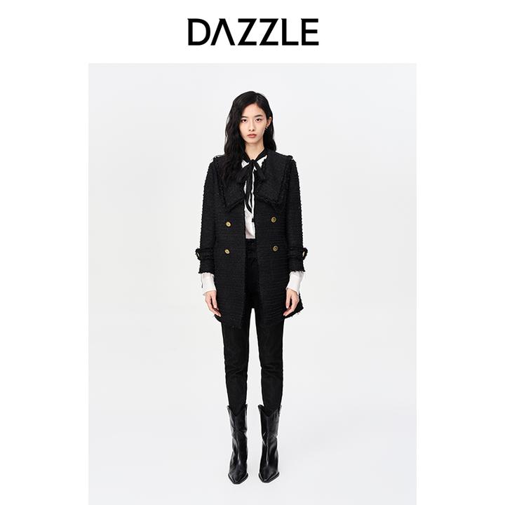 DAZZLE地素款中长翻领粗花呢毛呢衣2E4G2021A