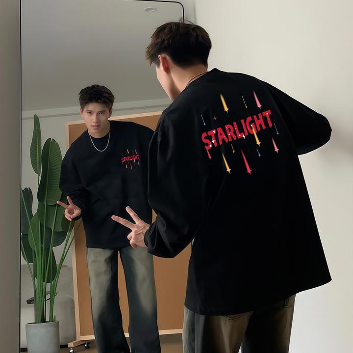 【重磅纯棉】秋冬新款长袖T恤男设计感印花圆领美式休闲打底上衣潮