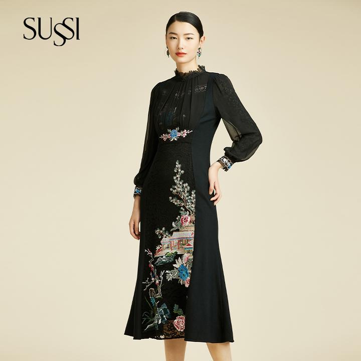 SUSSI/古色黑色立领刺绣泡泡袖连衣裙