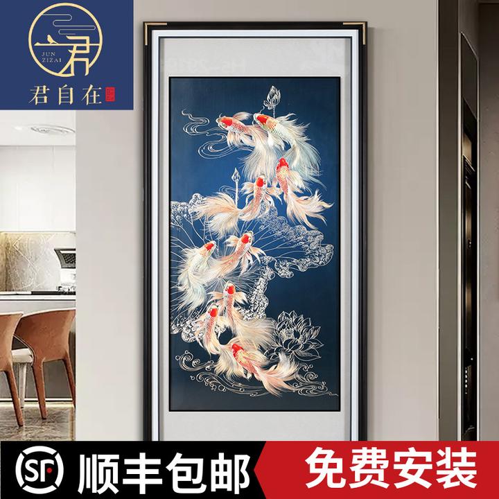 君自在《荷花九鱼图》聚福图铜板手工雕刻装饰画新中式入户玄关锦鲤