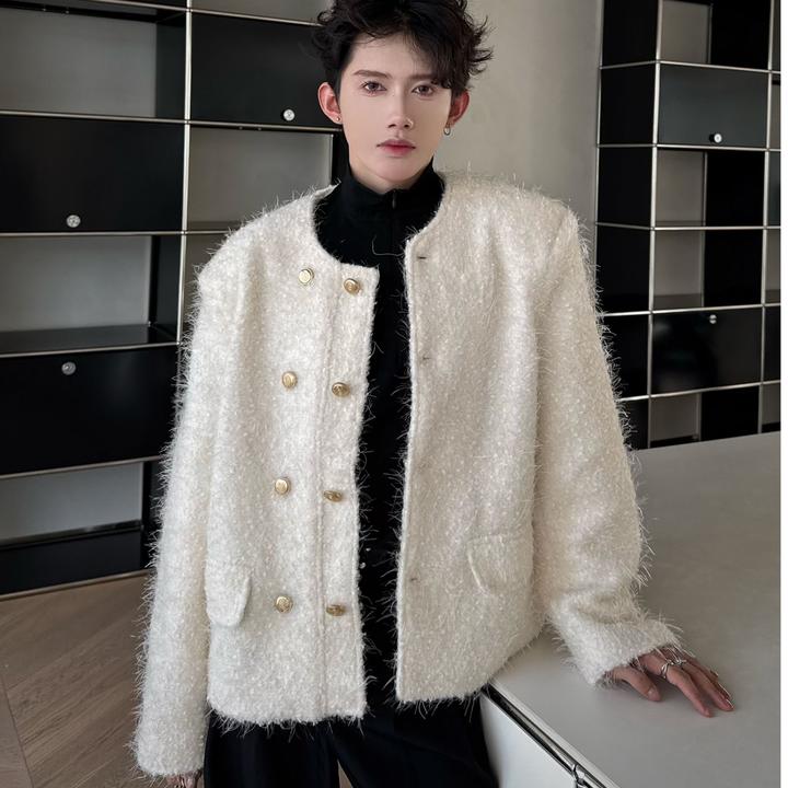 小众设计【月光恋人】短款小香风外套男高级感毛茸穿搭廓形无领夹克