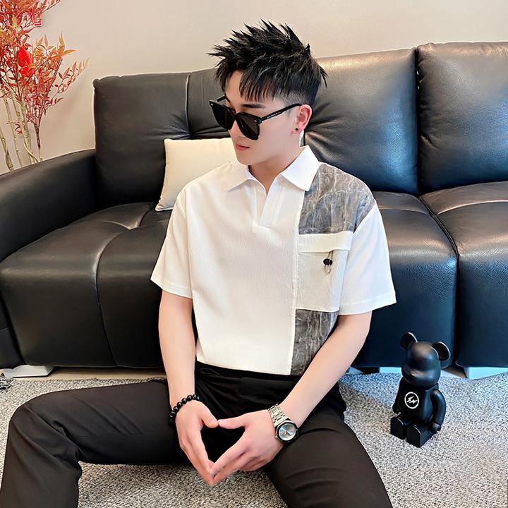 男款衬衫休闲痞帅polo领时尚短袖衬衣2025夏季新款潮牌半袖男装