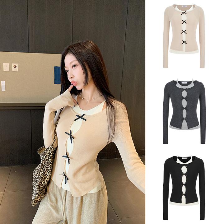 Moses Queen/魔西女王假两件蝴蝶结拼接长袖韩版纯欲针织衫上衣女