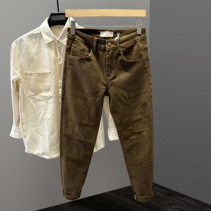 Jeep吉普休闲牛仔裤男修身小脚潮流百搭青年春秋长裤子咖色休闲裤