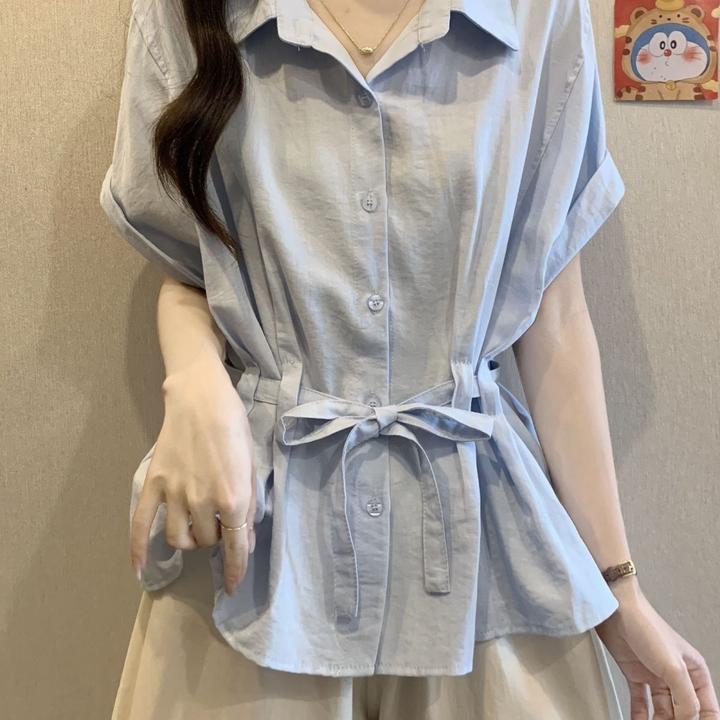 微胖mm漂亮蓝色短袖衬衫女装2025夏季新款爆款收腰遮肚巨好看上衣