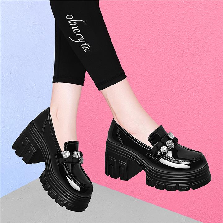 乐福鞋圆头粗高跟厚底防水台松糕女鞋2025新黑色英伦风小个子水钻