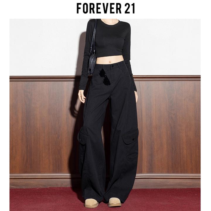 Forever 21秋季新款美式弯刀阔腿休闲裤女高腰宽松显瘦百搭工装裤