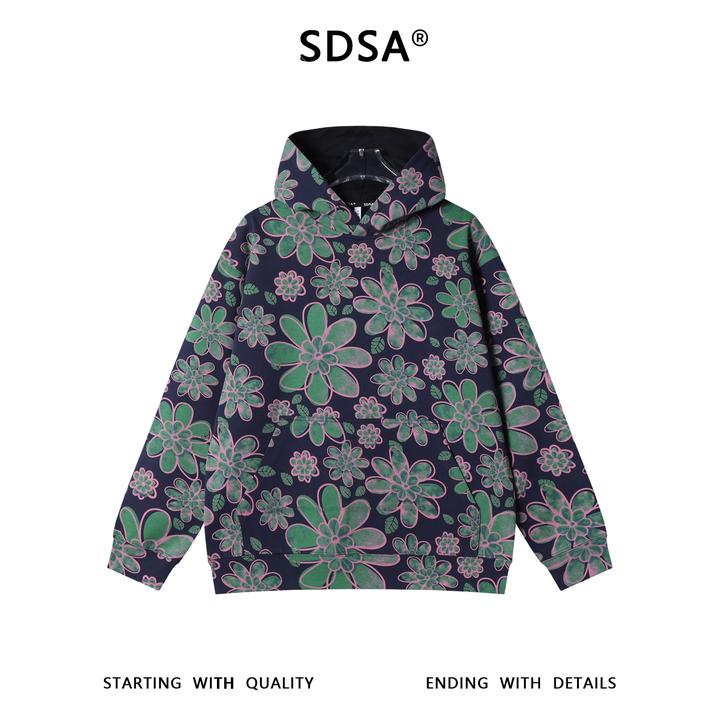 SDSA男士秋冬新款痞帅男装简约撞色花朵连帽卫衣宽松百搭套头上衣