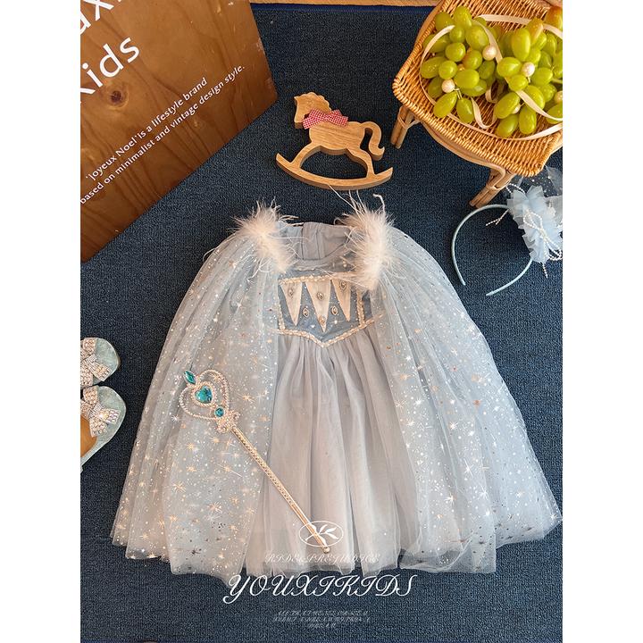 现飞飞家·艾莎公主裙秋冬亮晶晶雪花可拆卸披肩毛毛连衣裙 FF2884