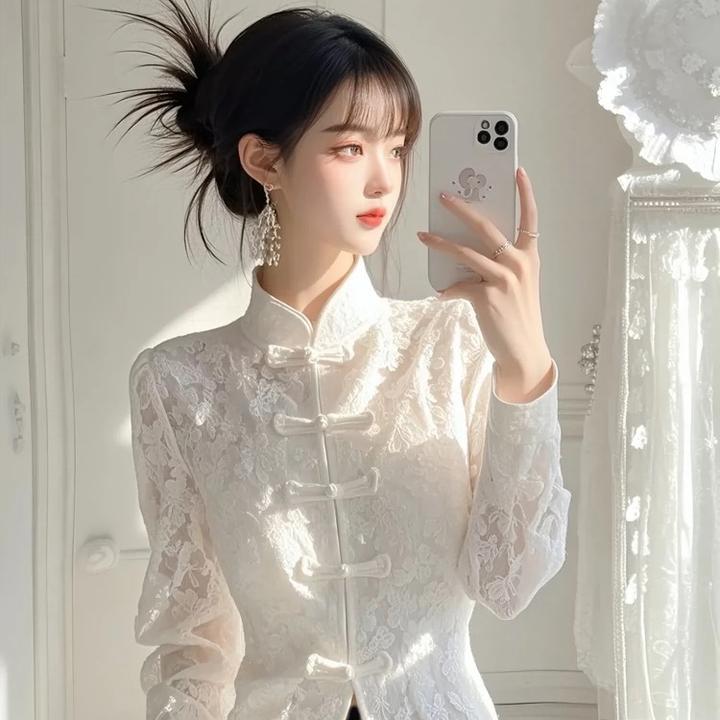 SS821春季经典百搭新中式盘扣上衣独特漂亮超好看白色蕾丝衬衫女