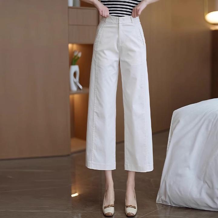 拉夏贝尔八分直筒裤女2025夏季新款高腰薄款休闲九分窄版阔腿裤子