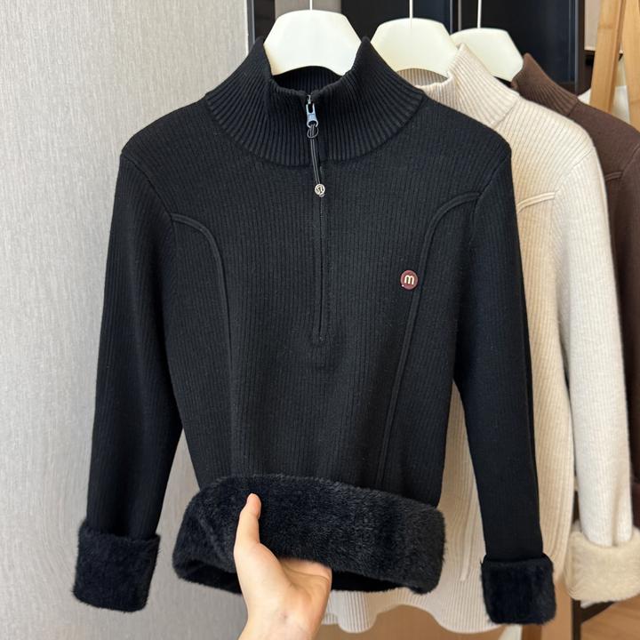 加厚立领半开领拉链一体绒中领毛衣女冬季新款内搭加绒针织衫上衣