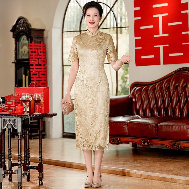 春夏装喜婆婆婚宴装改良旗袍年轻宴会礼服气质时尚婚礼妈妈连衣裙