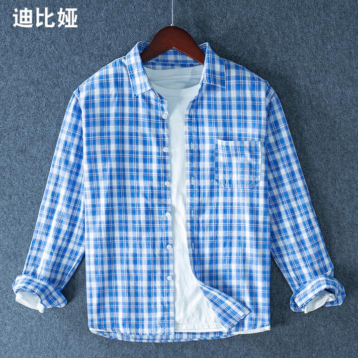 迪比娅春夏季薄款纯棉格子长袖衬衫色织格纹男士文艺小清新衬衣M