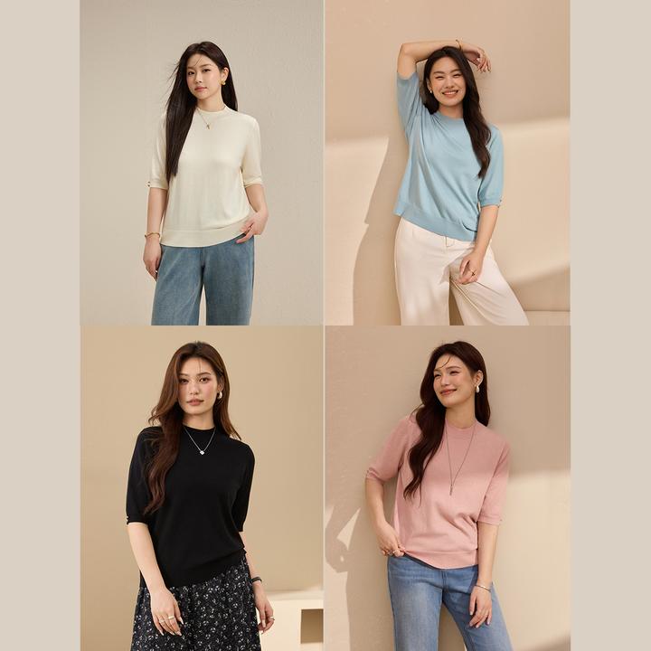 【情书】纤莉秀大码女装琥珀流光软糯纯色细支圆领打底针织衫QK4193